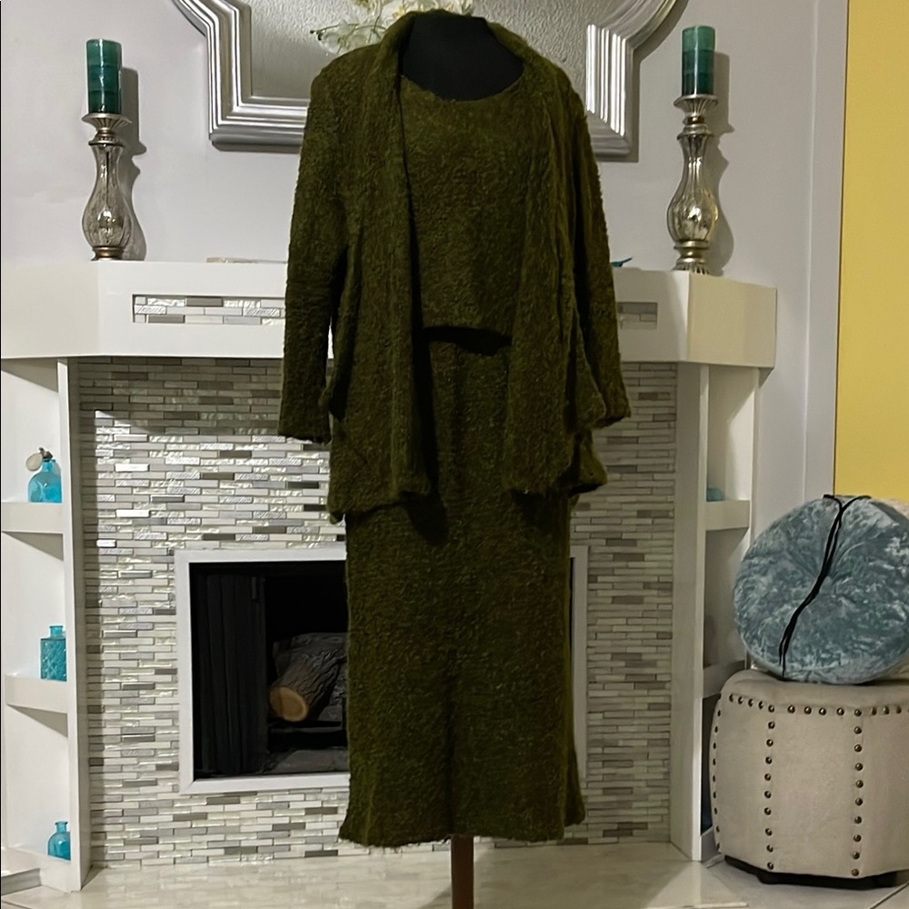 Vintage Olive Textured 3pc wool blend soft Sherpa feel Skirt Suit Set size 1X
